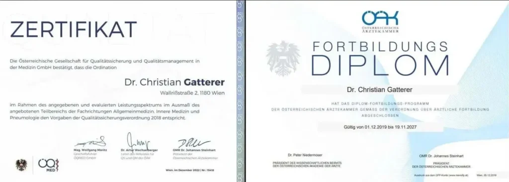 Praktischer Arzt - Facharzt für Allgememein und Familienmedizin ÖGK, BVB, SVS - 1180 Wien - Dr. Christian Gatterer - Zertifikat und Diplom Allgemeinmediziner Wien - Dr. Christian Gatterer - Zertifikat und Diplom